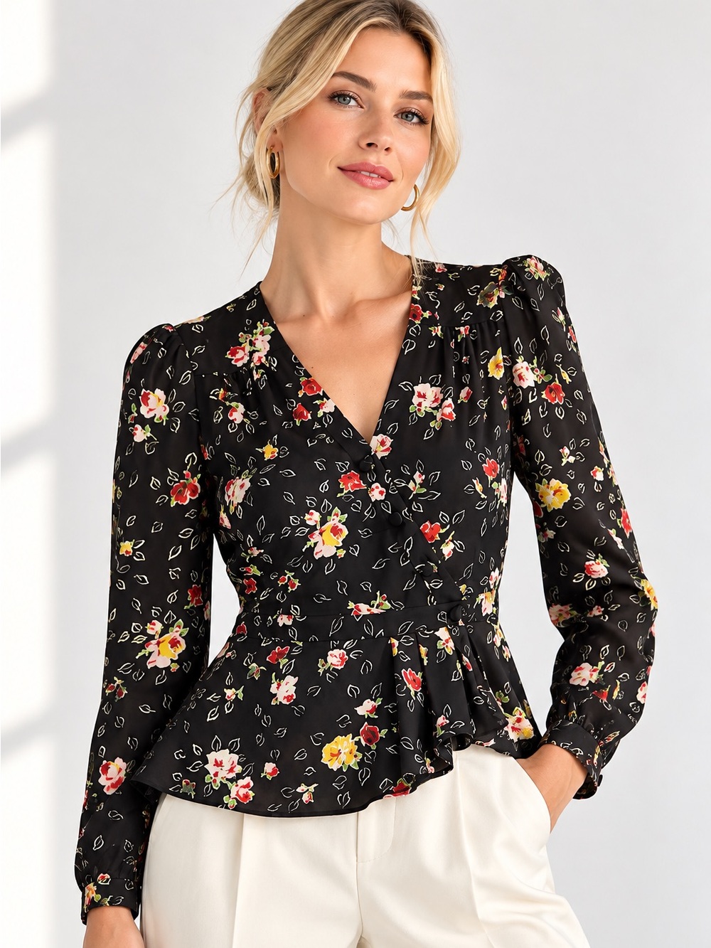 Veronica Beard Kiona 100% Silk Floral Peplum Blouse Black Size 2